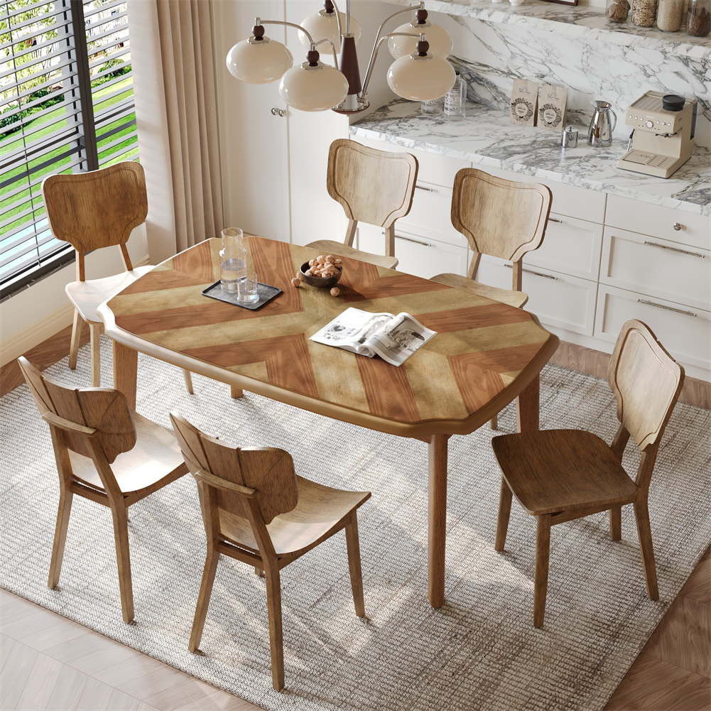 7 Pieces Wooden Dining Set with 6 Chairs Vintage Dining Table With High Backrest Curved Seat Chair 6 People Kitchen Table